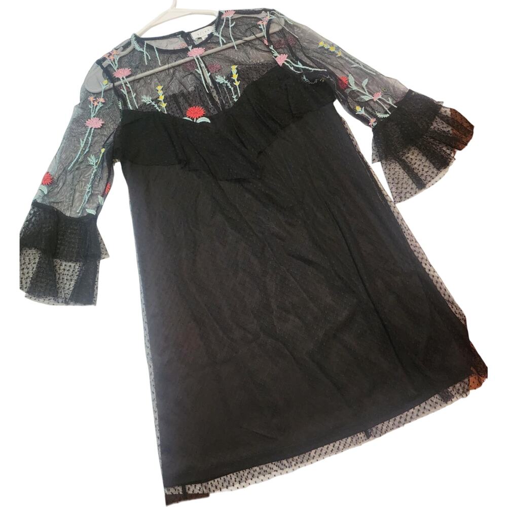 K/Lab Black Floral Mesh Dress, Flared Arms, Medium